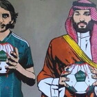 Mancini e Bin Salman con un pallone insanguinato: il murales a S. Siro