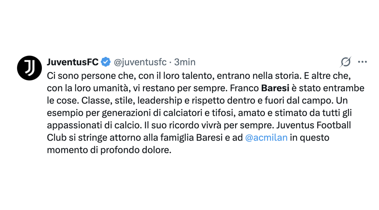 Dalla Juventus al Napoli: il mondo del calcio piange Franco Baresi
