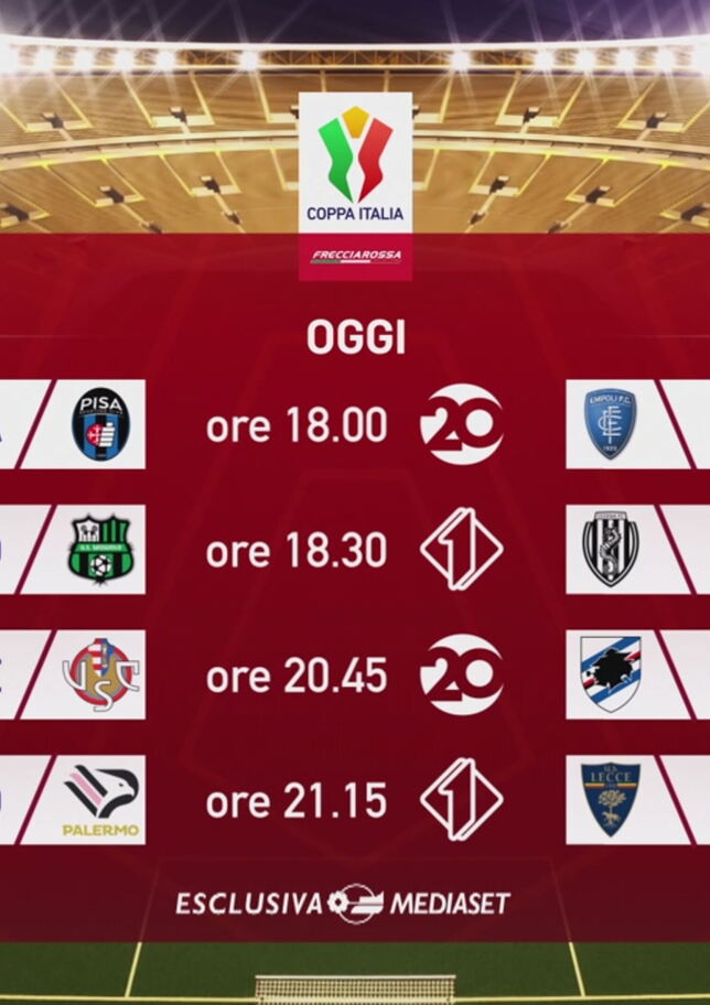 Coppa Italia, si chiudono i 32esimi: le quattro partite di oggi