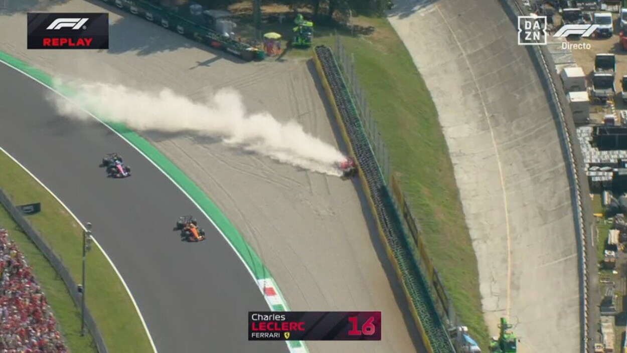 Disastro Leclerc a Monza: prima il contatto con Hamilton, poi il brutto incidente alla Alboreto