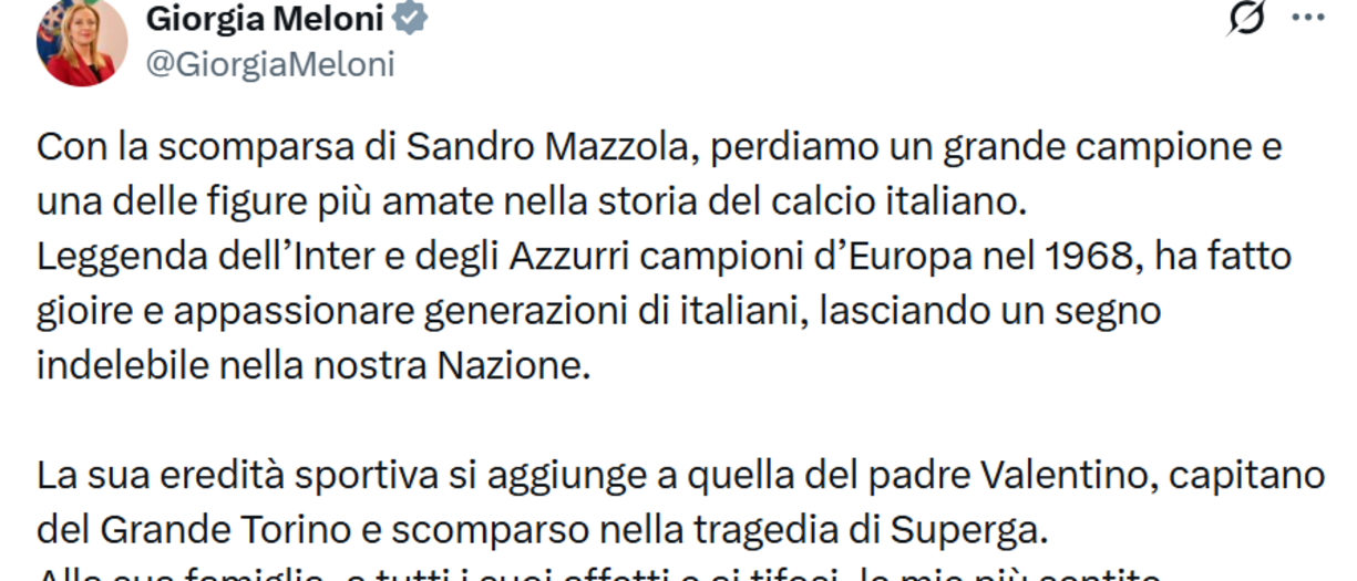 Meloni: "Mazzola una delle figure più amate del calcio italiano"
